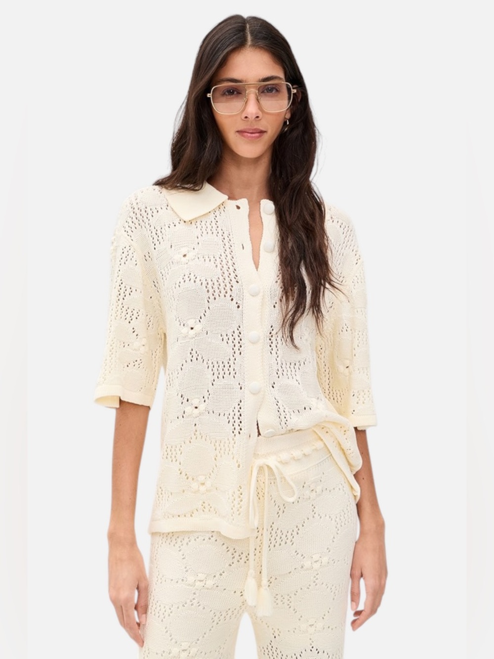 Dress To  SET NWT Knitwear Beige Buttoned  Shirt & Ties Wave Hem Lined Pants